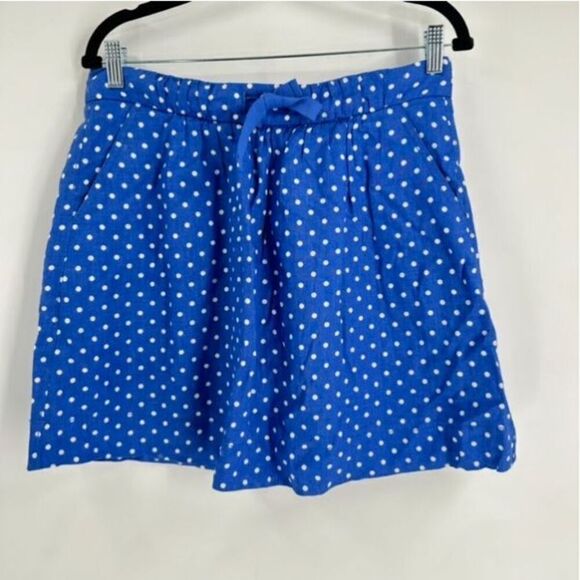 J CREW Mini Skirt Blue White Linen Polka Dot Drawstring Size 8 Pull‎ on Feminine - Picture 2 of 9